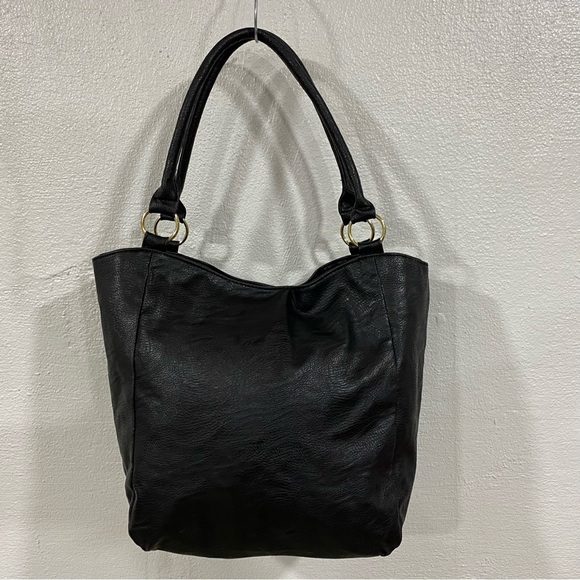 Black Vinyl Handbag Purse Bejeweled Zipper Gold Hardware Bag Double Handles - Picture 15 of 16